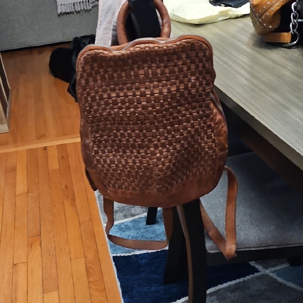 Brown Woven Leather Backpack super soft leather
